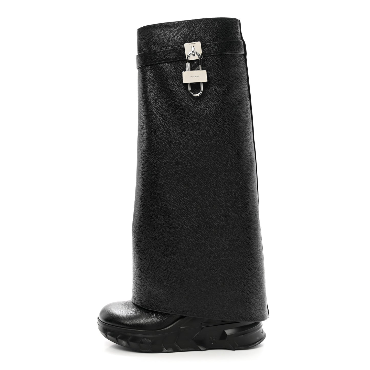 Grained Calfskin Shark Lock Biker Knee Boots 38 Black