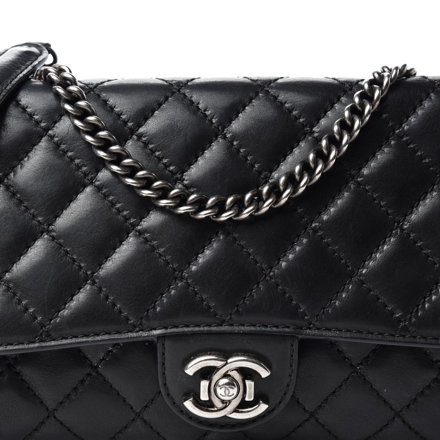 Calfskin Stitched Quilted Flap Black