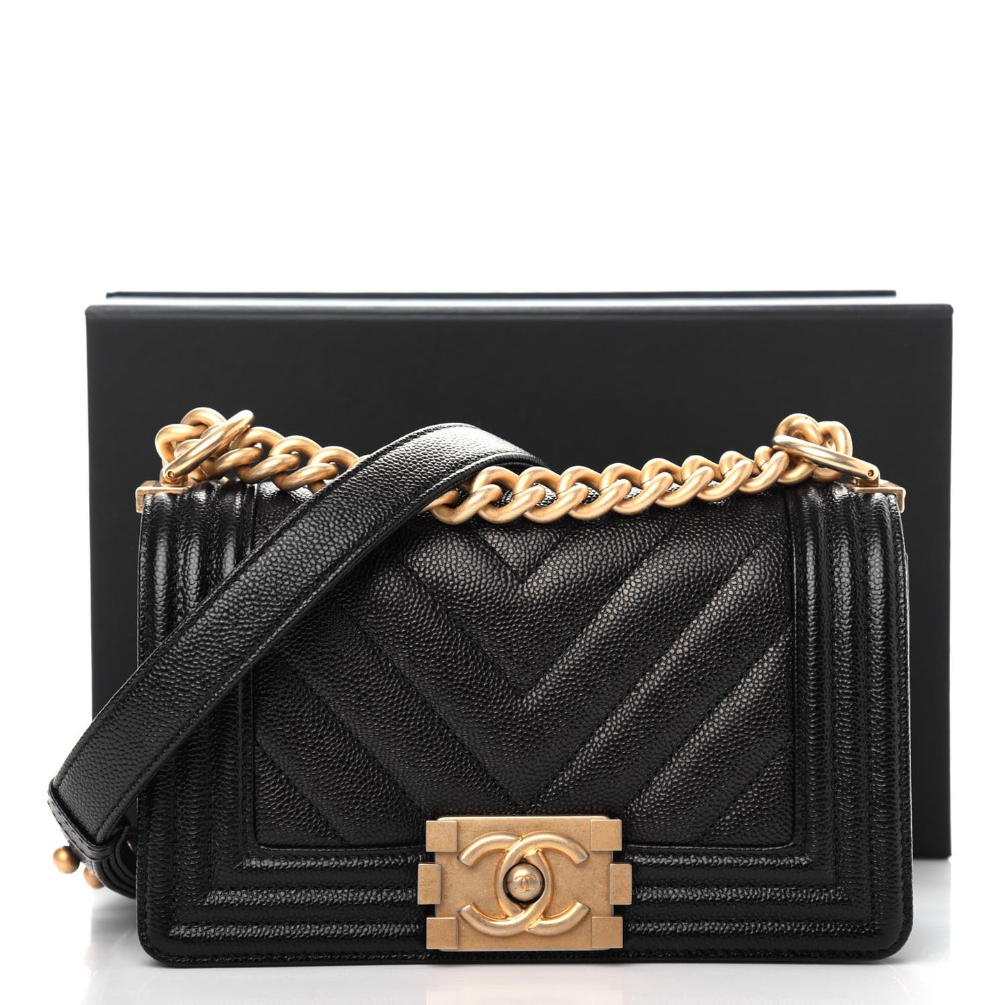 Caviar Chevron Quilted Small Boy Flap Black