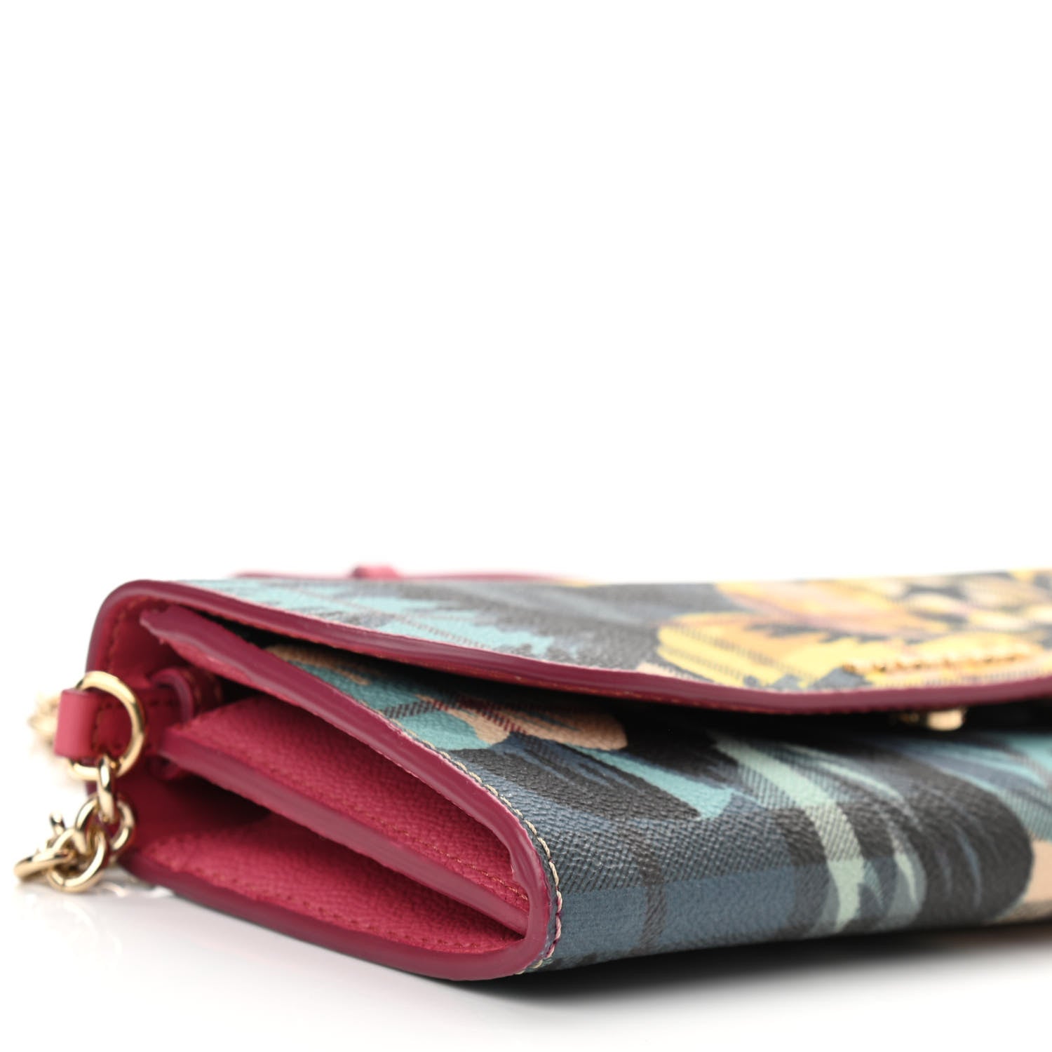 Burberry Haymarket Check Floral Print Henley Wallet On Chain Plum Pink Pewter Blue 7 of 8