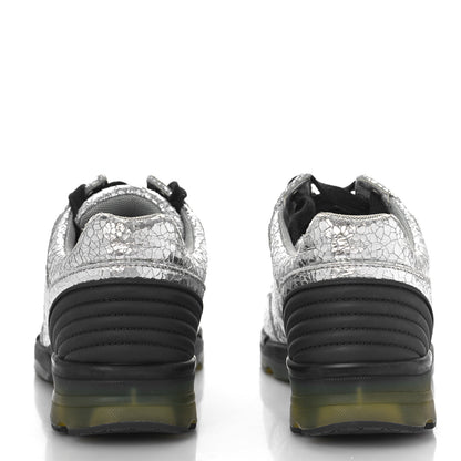 Chanel Metallic Crackled Calfskin CC Sneakers 37 Silver Black Navy 5 of 9