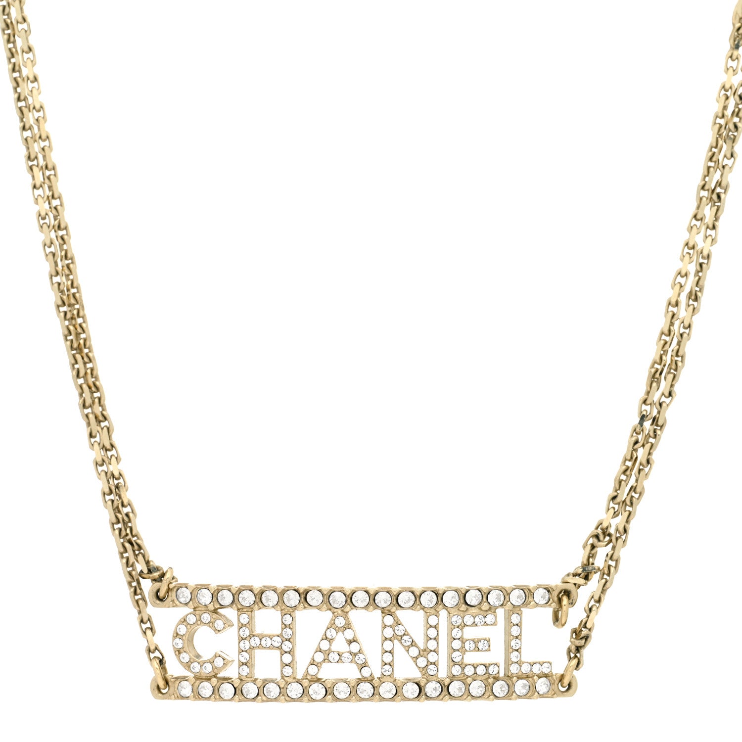 Chanel Metal Crystal Logo Choker Necklace Gold 1 of 5