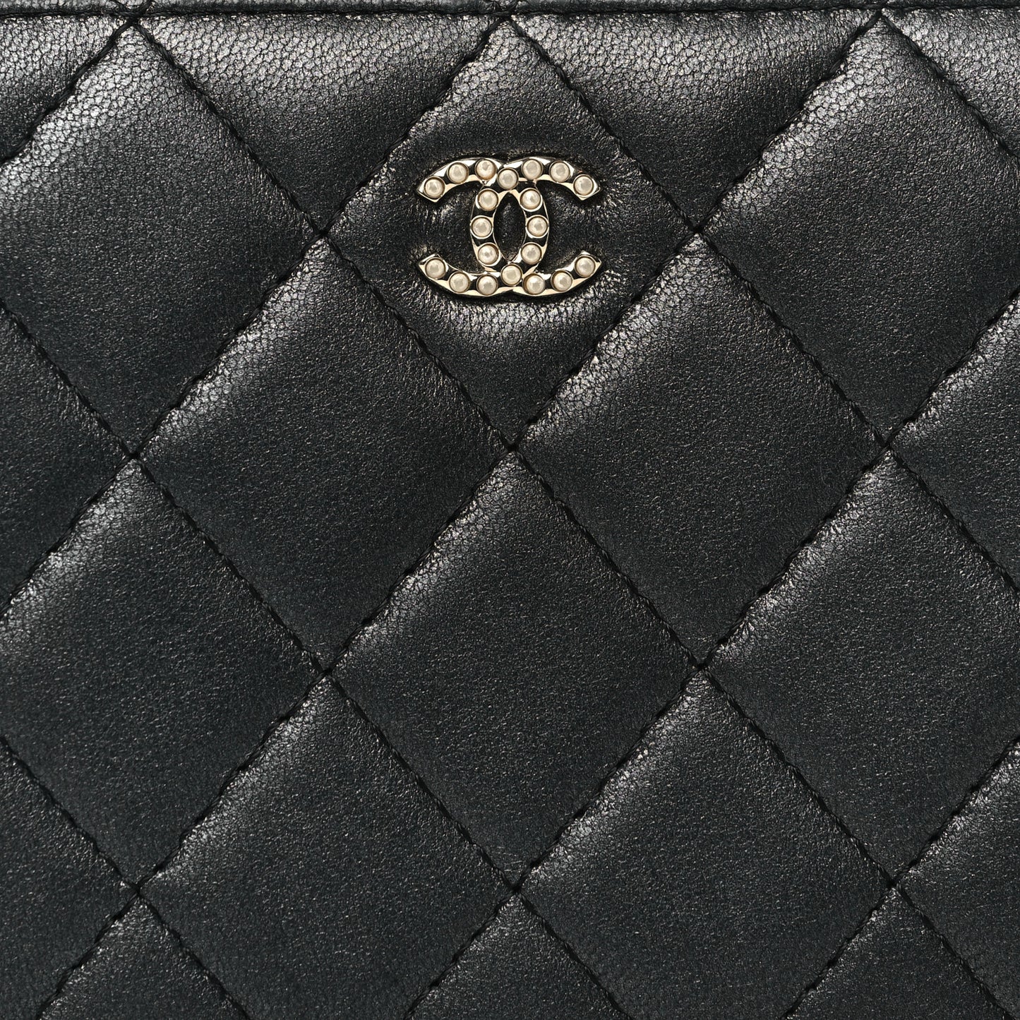 Lambskin Zip Around Large Gusset Wallet With Pearl Chain Black