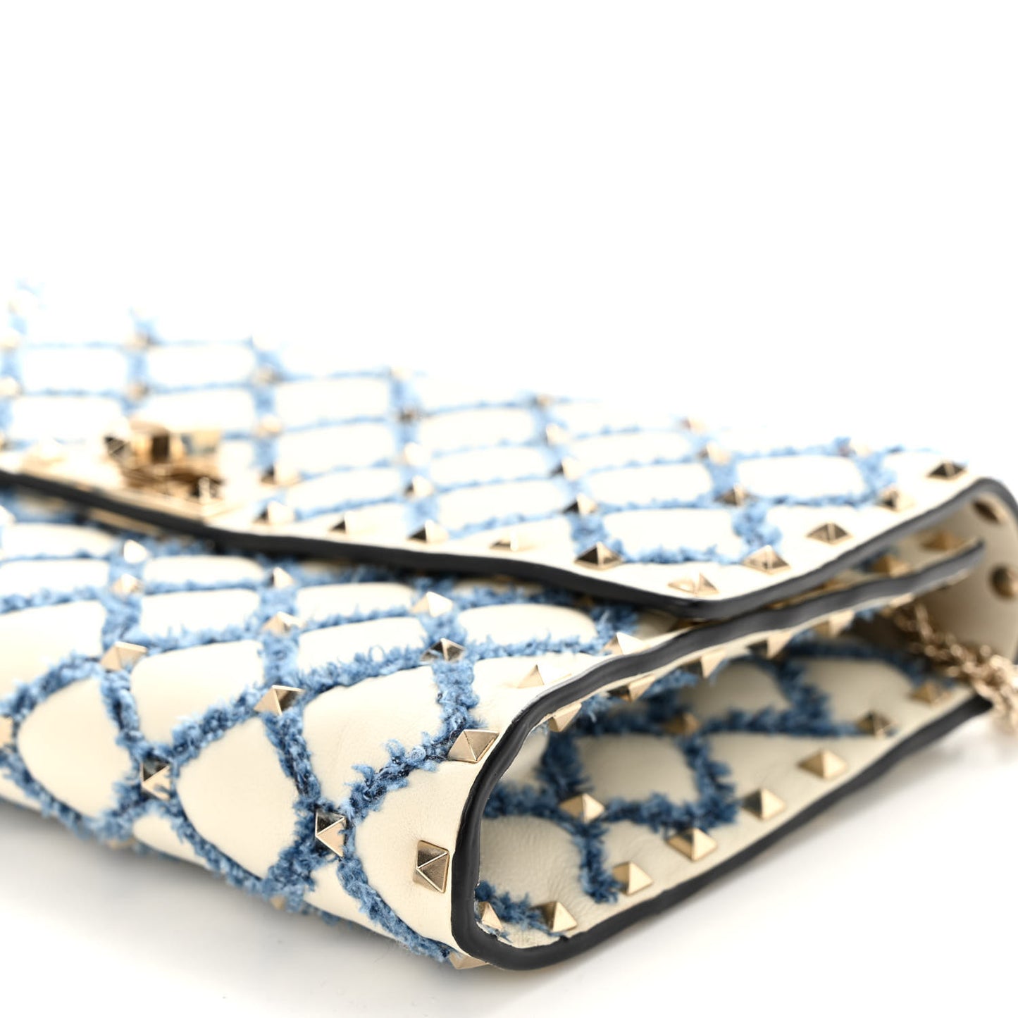 Nappa Denim Quilted Rockstud Spike Wallet on Chain Ivory Blue