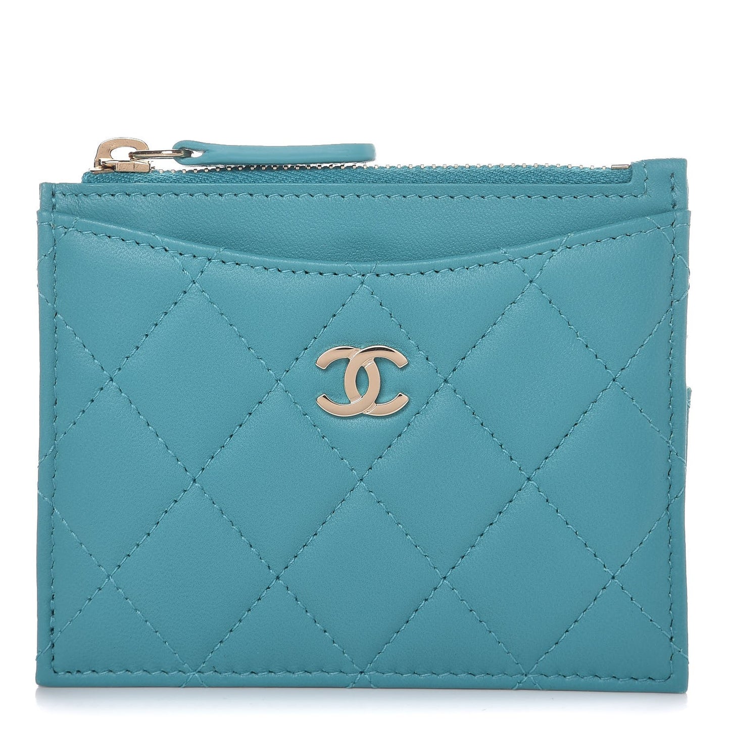 Lambskin Quilted Zip Card Holder Turquoise