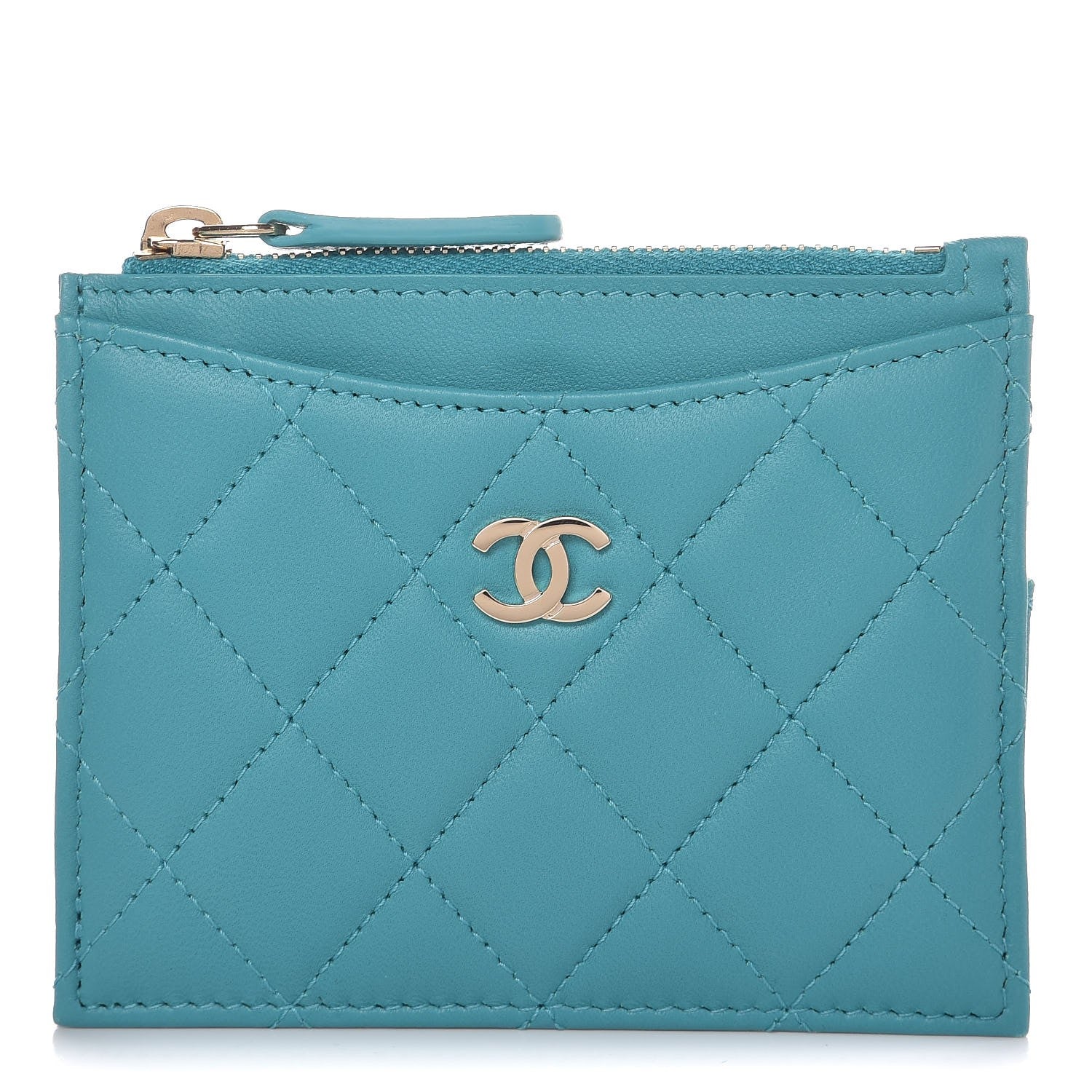 Chanel Lambskin Quilted Zip Card Holder Turquoise 1 of 8