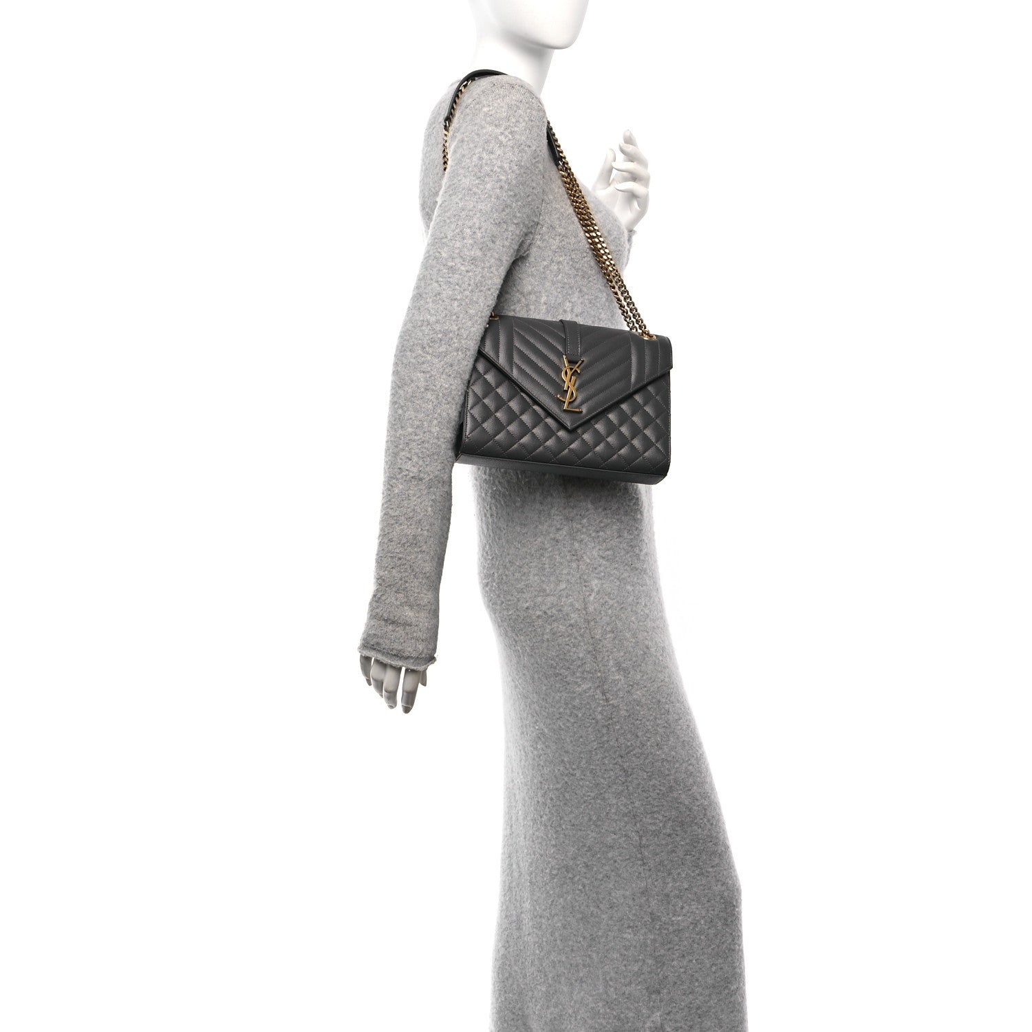 Saint Laurent Grain De Poudre Textured Mixed Matelasse Triquilt Medium Monogram Satchel Storm 2 of 9