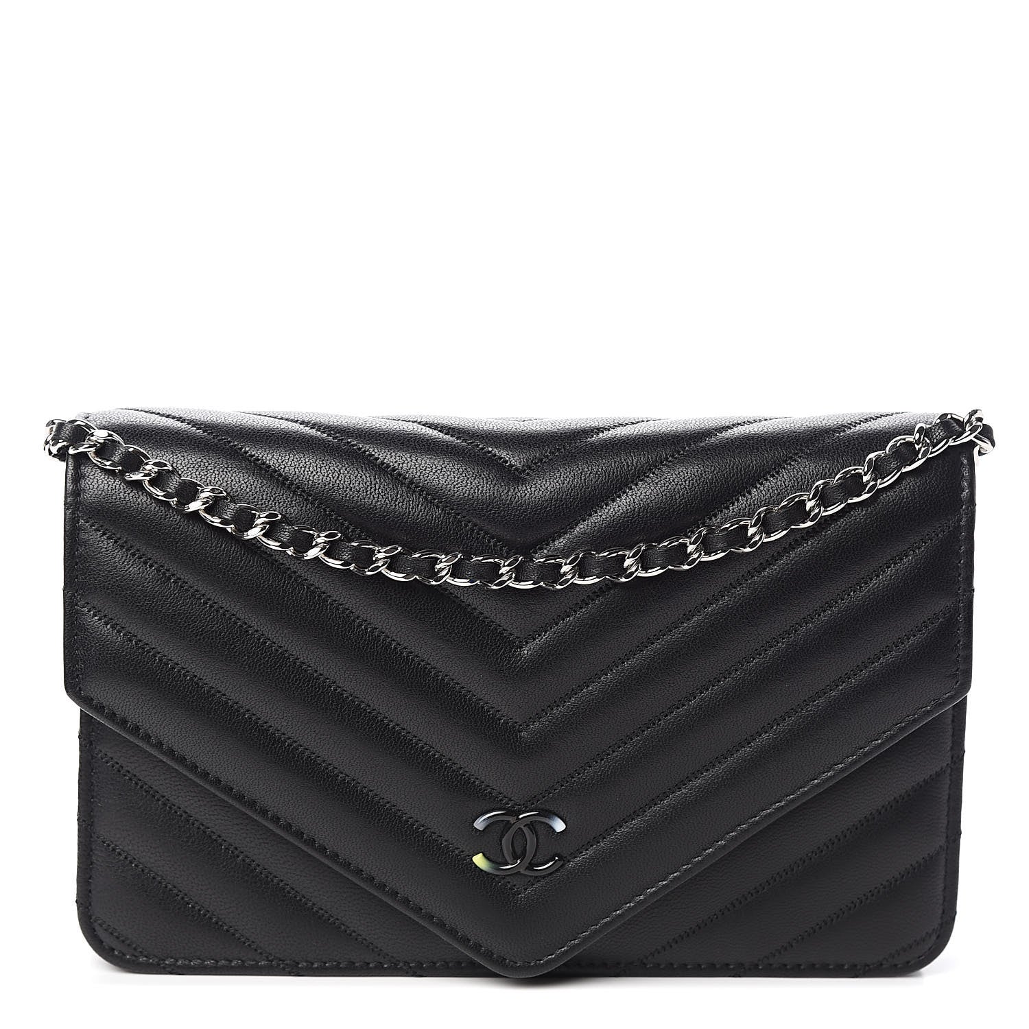 Chanel Sheepskin Chevron Wallet On Chain WOC Black 1 of 11