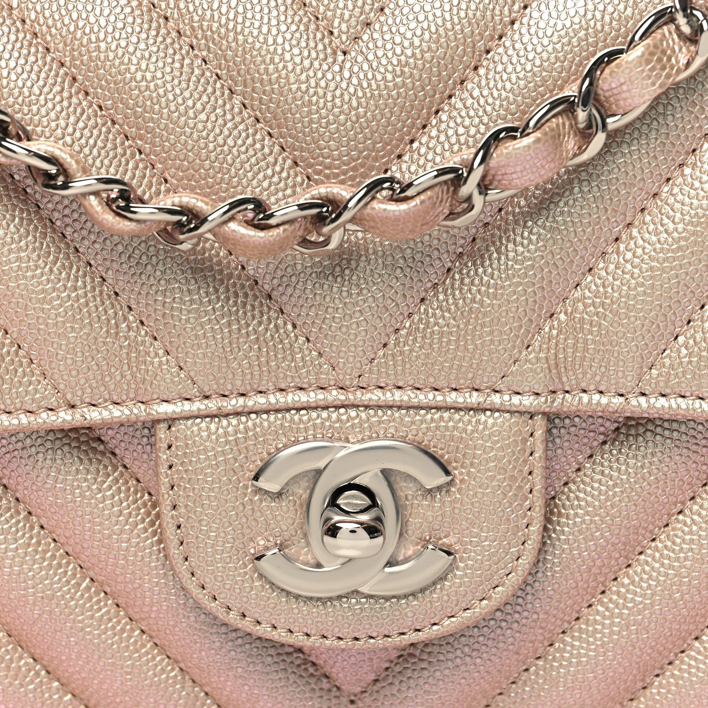 Iridescent Caviar Chevron Quilted Mini Rectangular Flap Light Gold