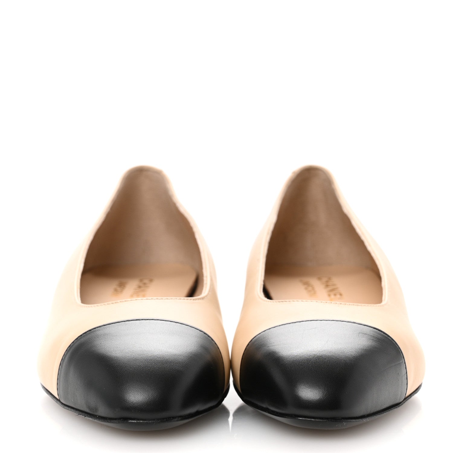 Chanel Lambskin Cap Toe CC Uniform Ballerina Flats 38 Beige Black 3 of 9