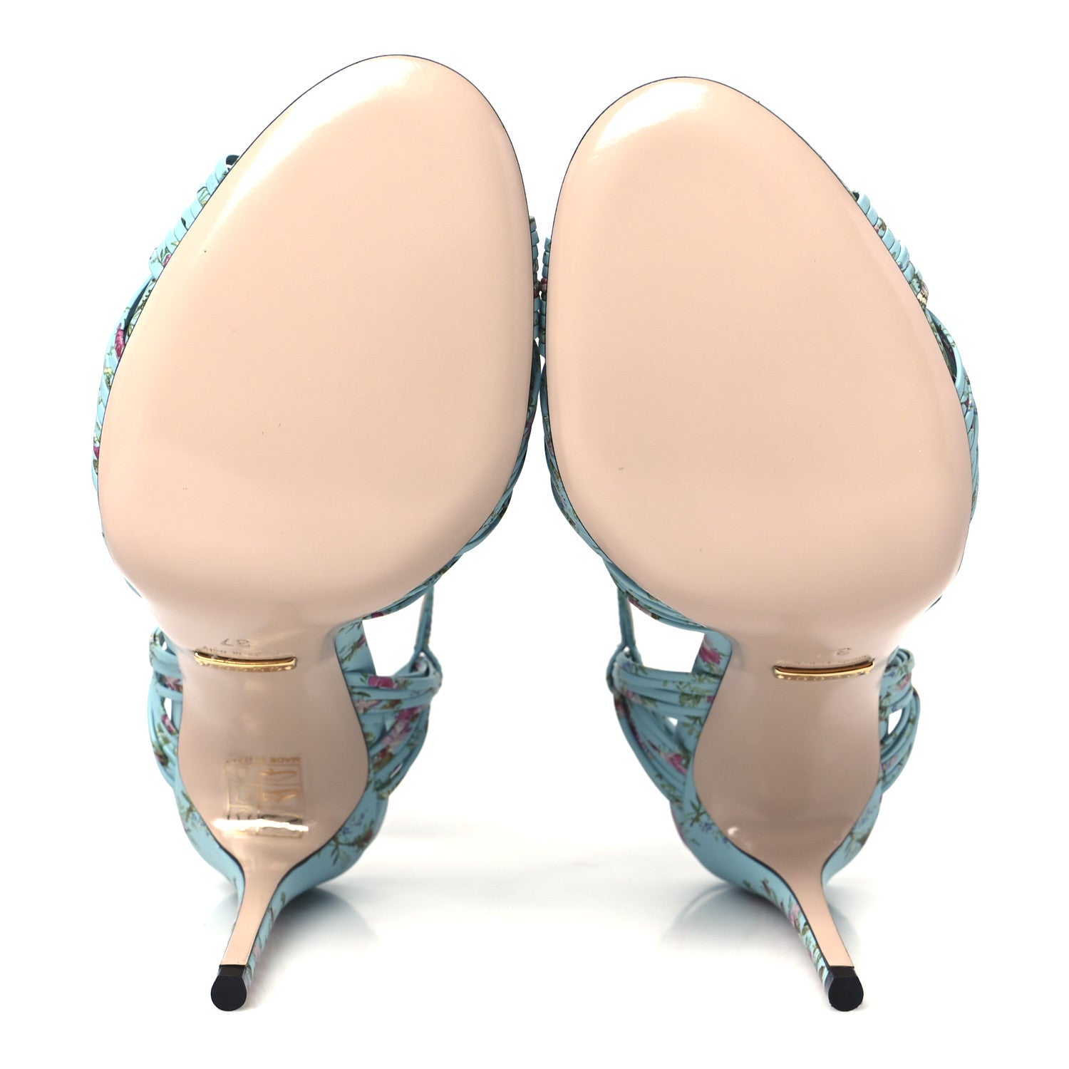 Gucci Malaga Kid Floral Print Knotted Allie Sandals 37 Aquamarine 6 of 9