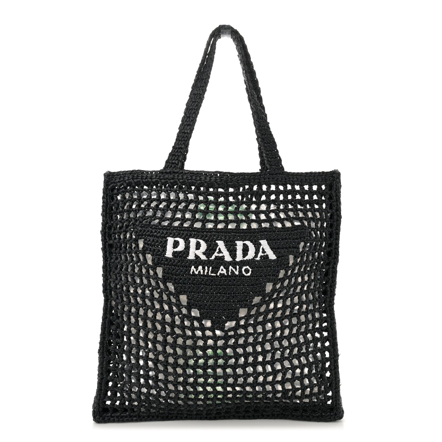 Yarn Raffia Effect Crochet Logo Embroidered Tote Bag Black