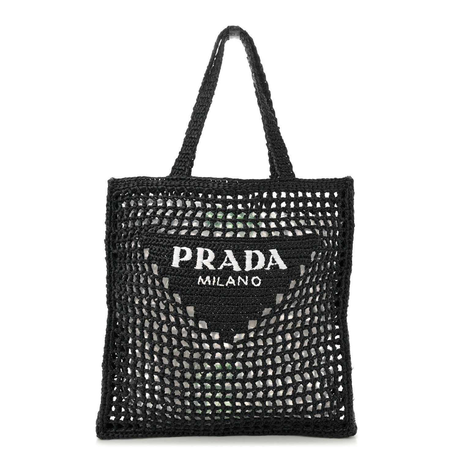 Prada Yarn Raffia Effect Crochet Logo Embroidered Tote Bag Black 1 of 10