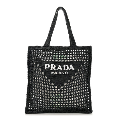 Prada Yarn Raffia Effect Crochet Logo Embroidered Tote Bag Black 1 of 10