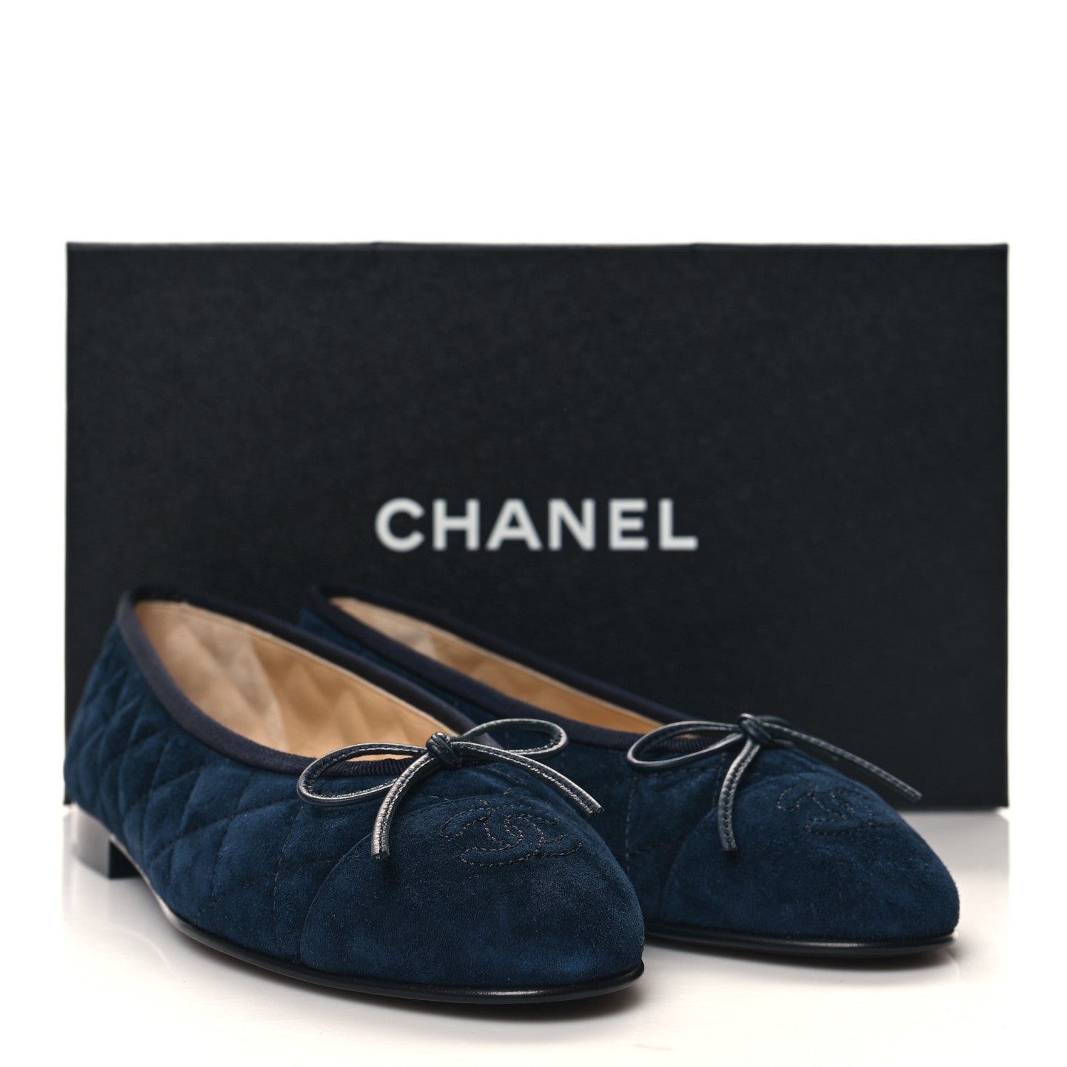 Chanel Suede Calfskin Quilted Cap Toe CC Ballerina Flats 38 Navy 9 of 9