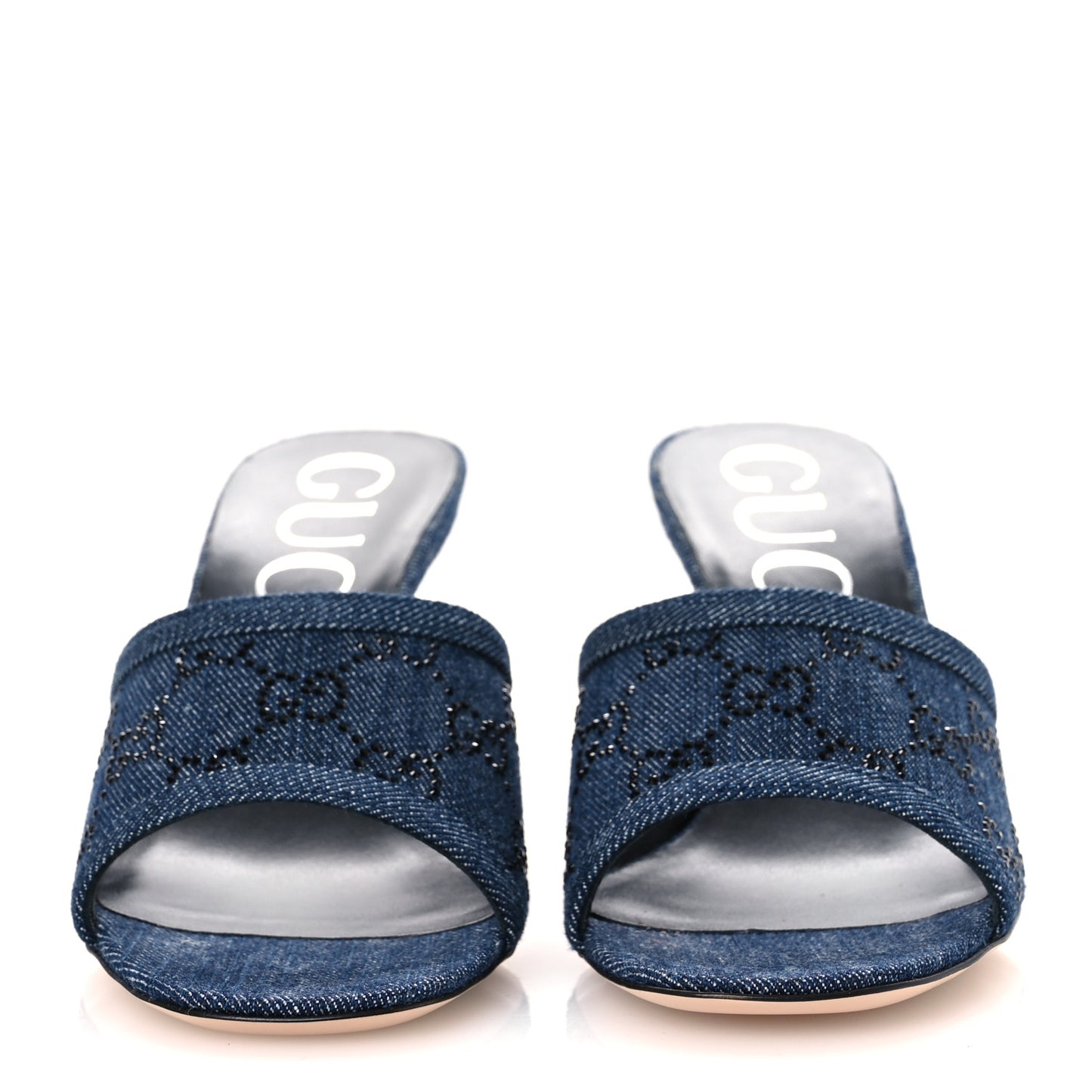 Denim Crystal GG Monogram Mules 37.5 Blue