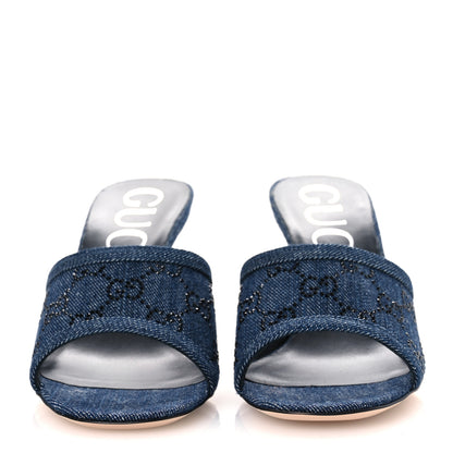 Gucci Denim Crystal GG Monogram Mules 37.5 Blue 3 of 11