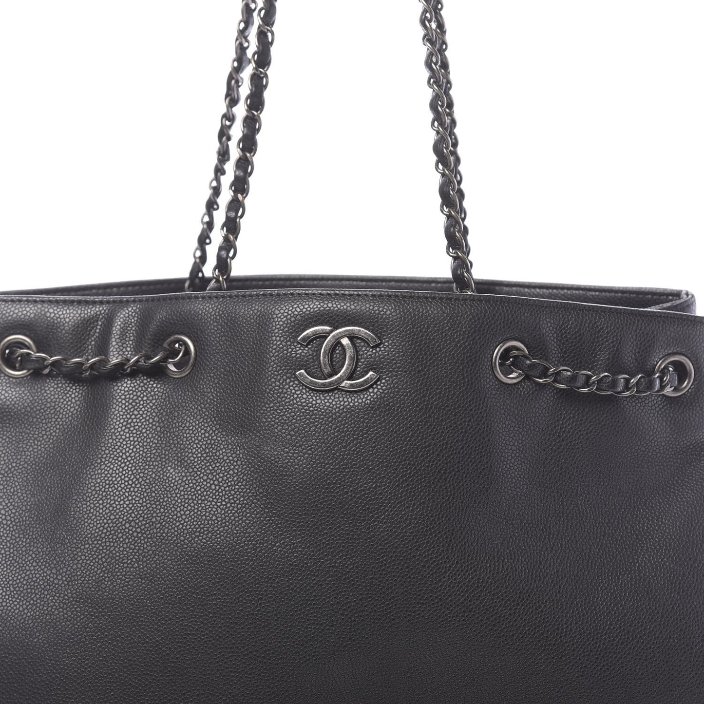 Metallic Grained Calfskin Woven Chain Large Shopping Bag Black