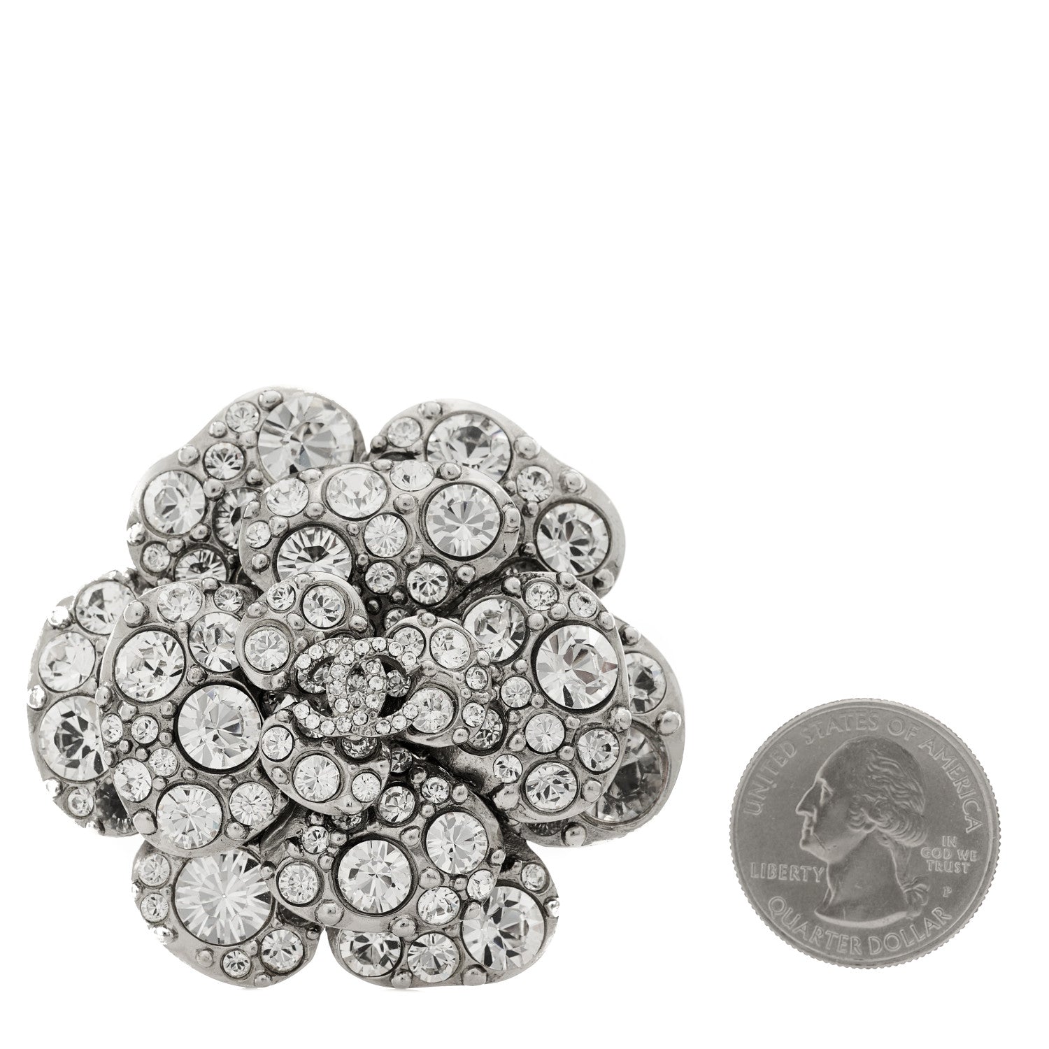 Chanel Swarovski Crystal Camellia CC Brooch Silver 2 of 3