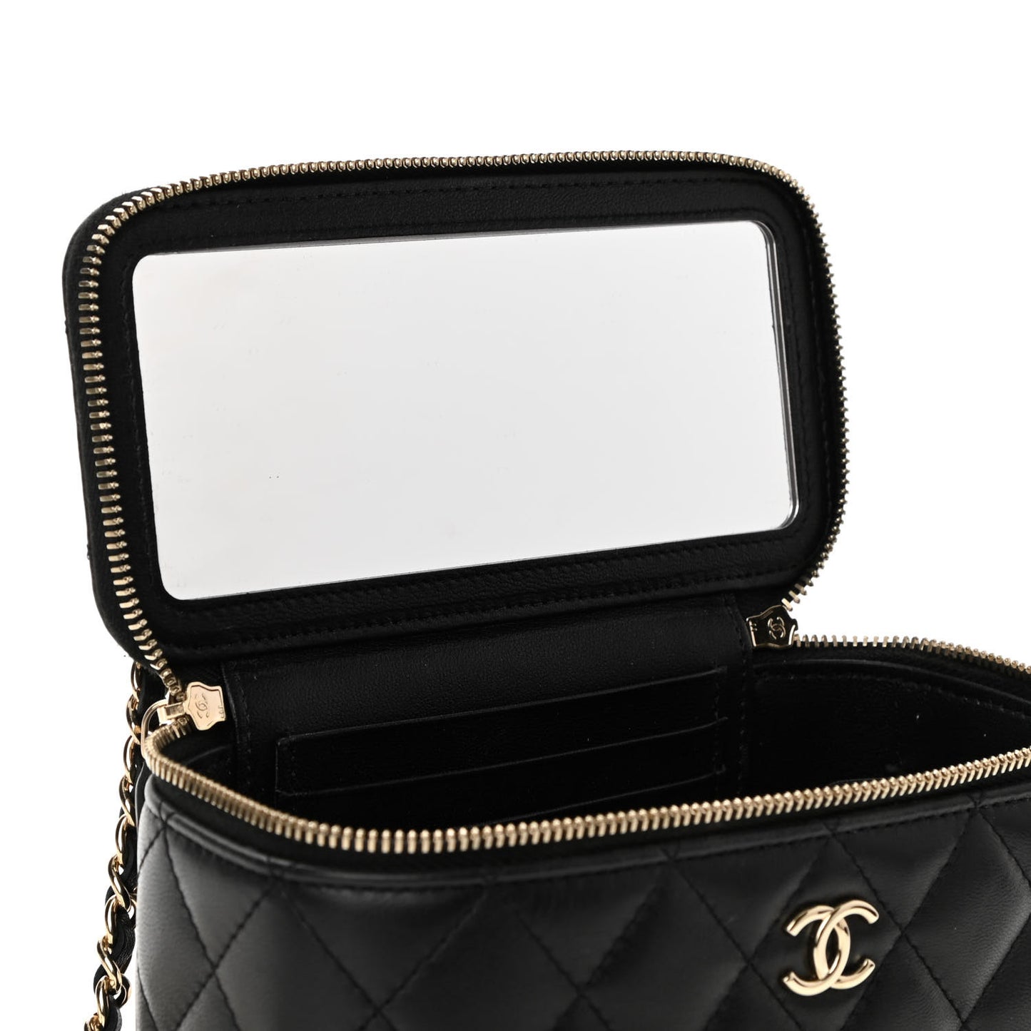 Lambskin Quilted Small Top Handle Vanity Case With Chain Black