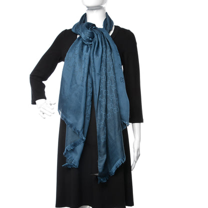 Gucci Wool Silk GG Monogram GGNatplus Fringe Stole Blue 2 of 4