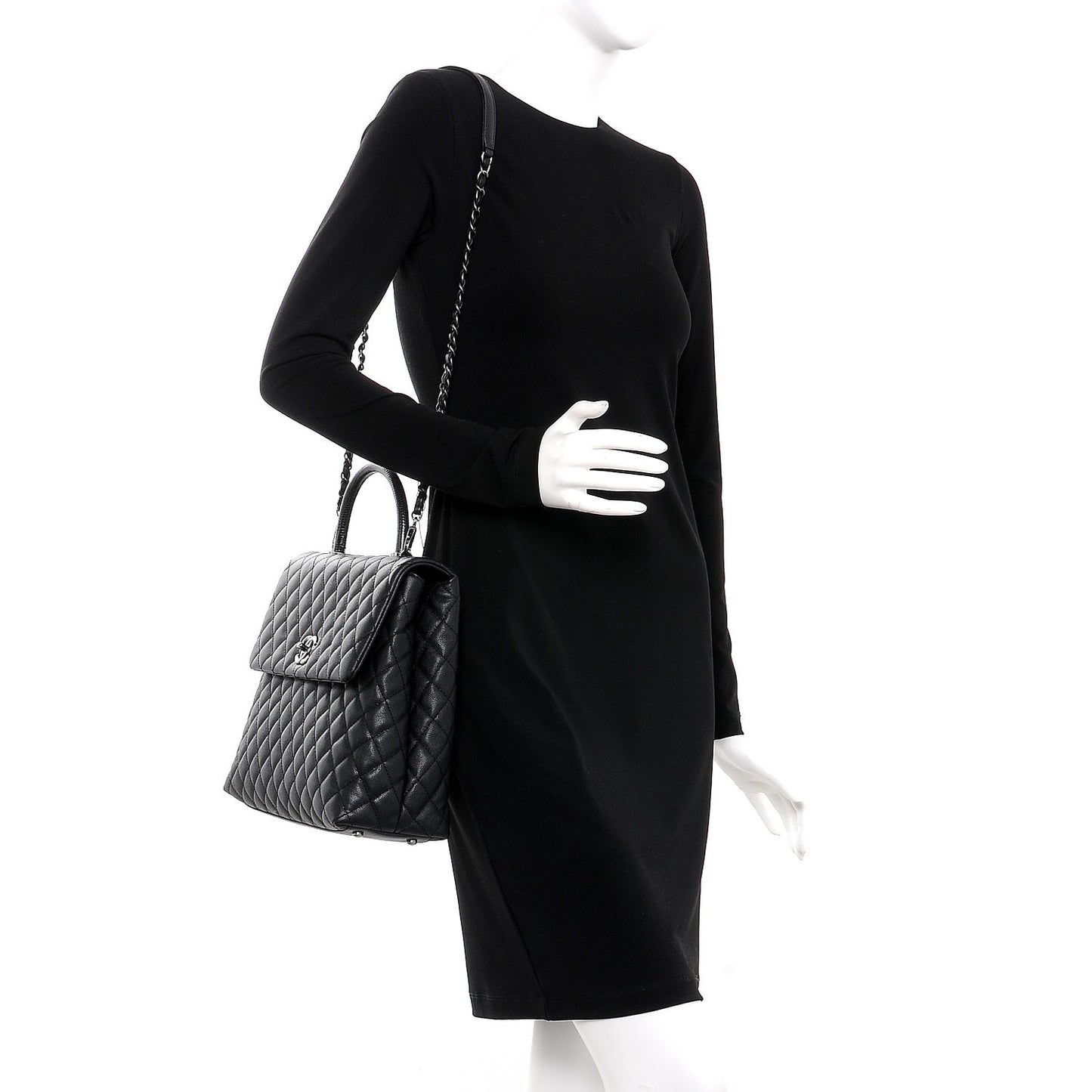 Caviar Lizard Quilted Large Coco Handle Flap Black