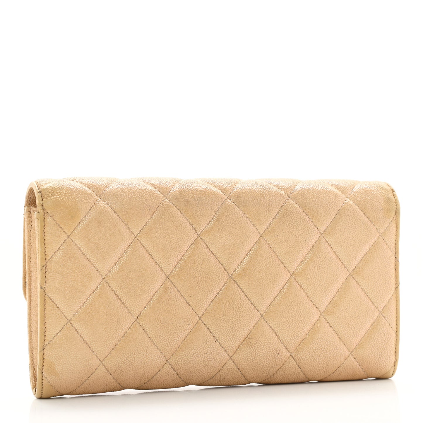 Iridescent Caviar Quilted Long Gusset Flap Wallet Beige