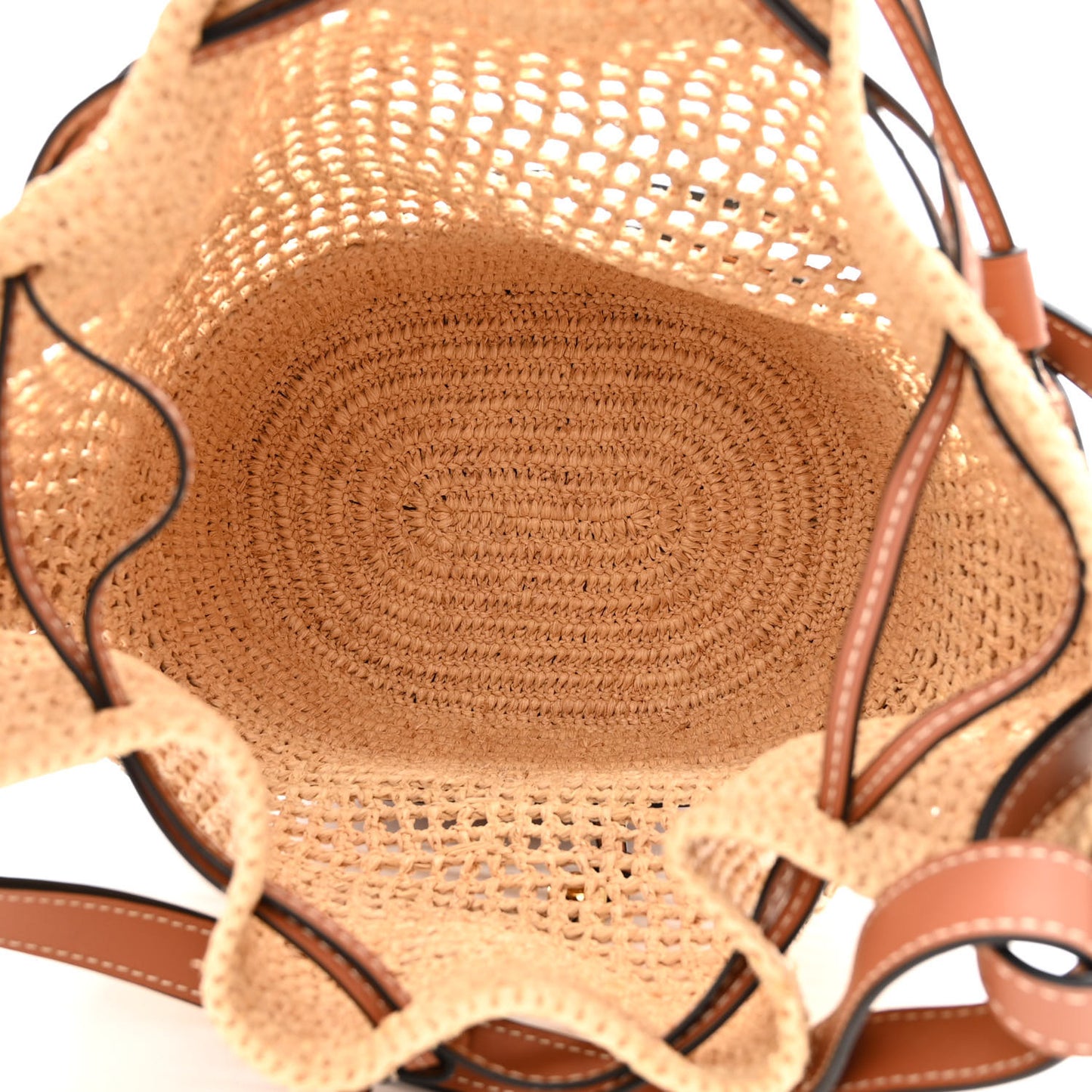 Raffia Calfskin Balloon Bucket Bag Natural Tan