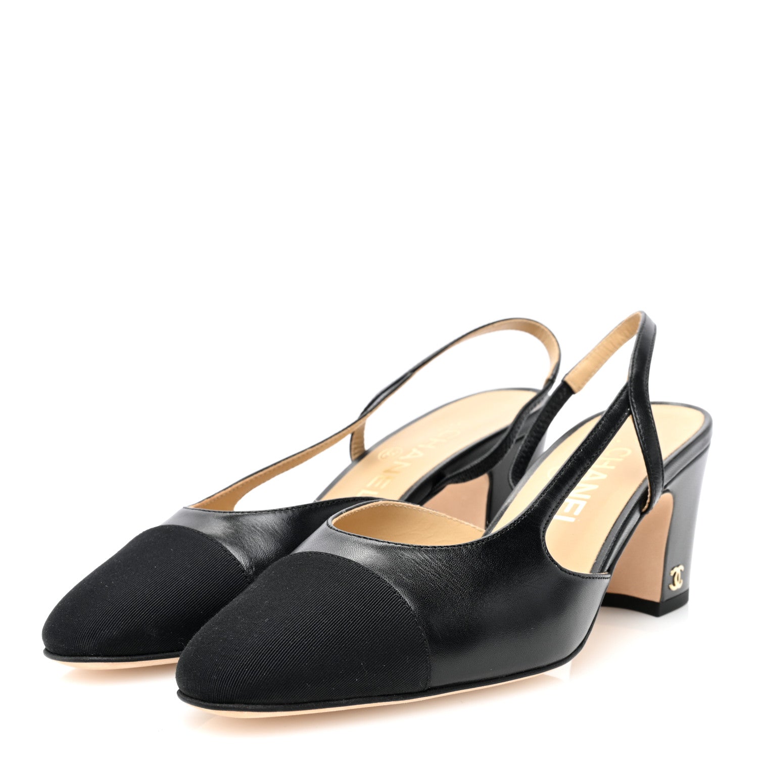 Chanel Goatskin Grosgrain Cap Toe CC Slingback Pumps 37 Black 2 of 8