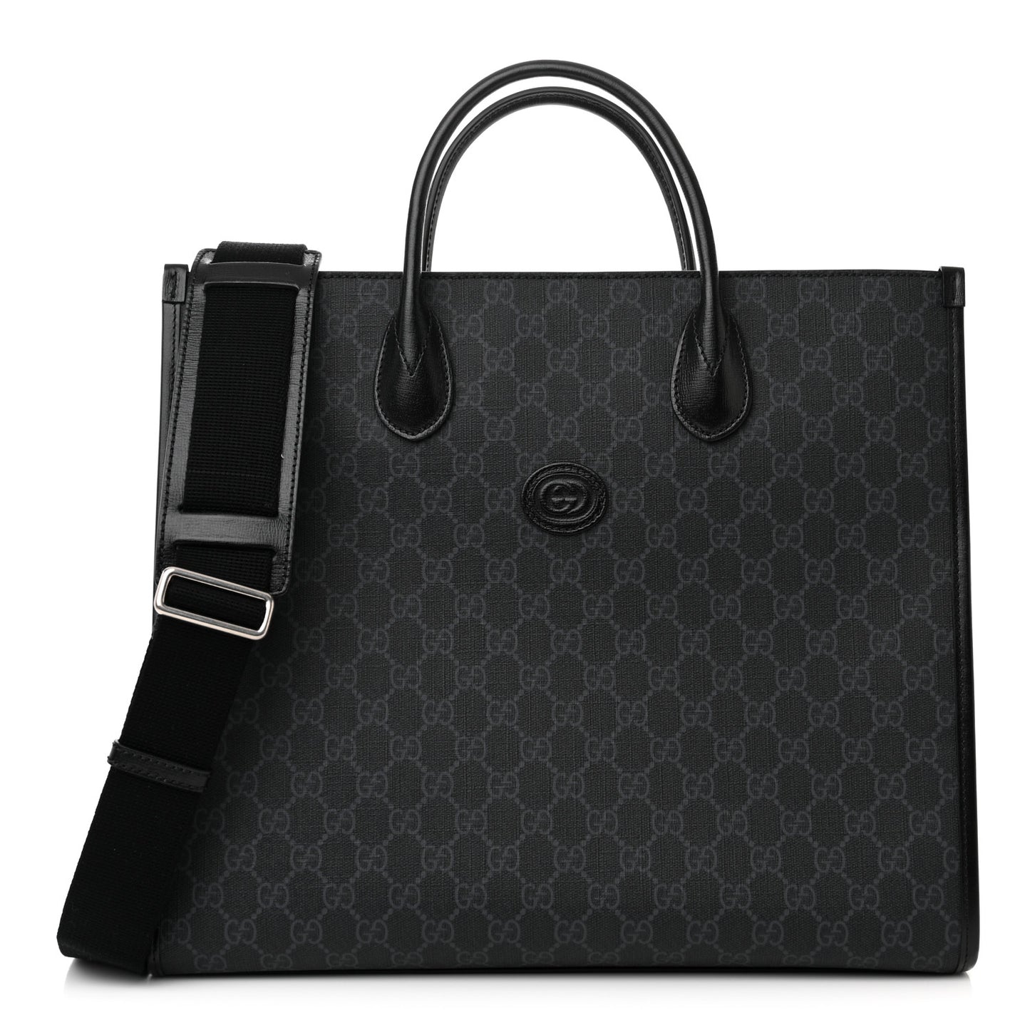 GG Supreme Monogram Azalea Calfskin Web Medium Retro Interlocking G Tote Bag Black