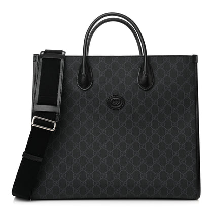 Gucci GG Supreme Monogram Azalea Calfskin Web Medium Retro Interlocking G Tote Bag Black 1 of 9