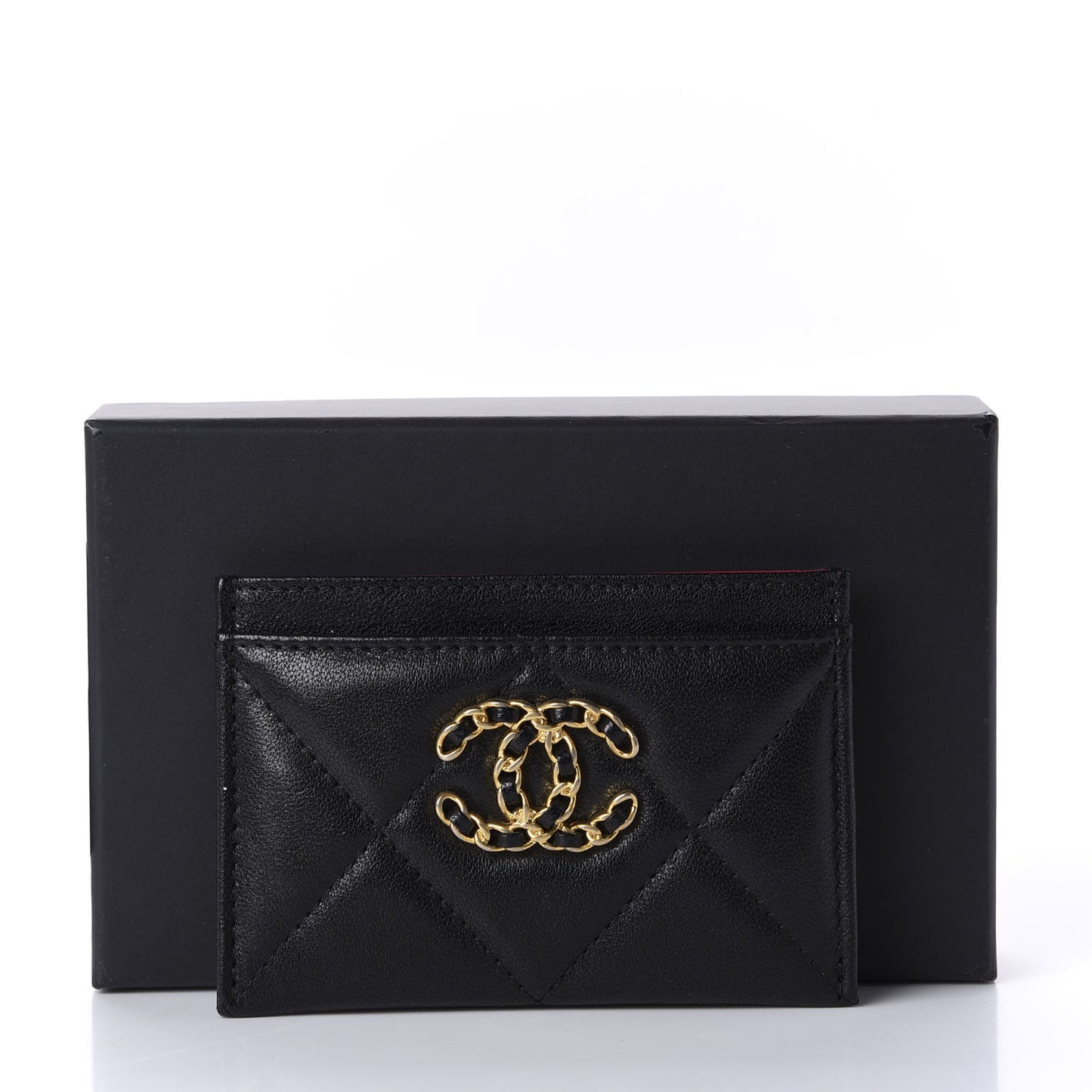 Shiny Goatskin Quilted Chanel 19 Card Holder Black