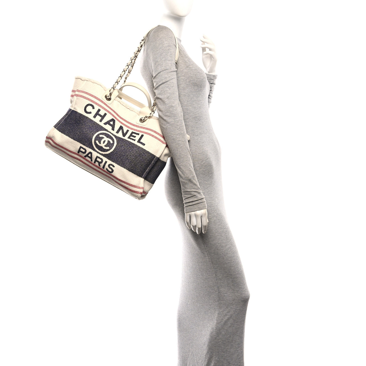 Striped Canvas Medium Deauville Tote Ecru Red Blue