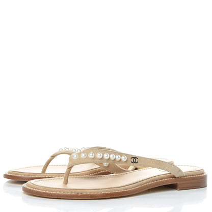 Chanel Suede Pearl Thong Sandals 39 Beige 2 of 8