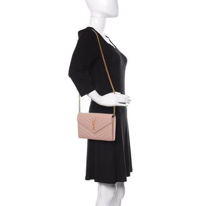 Saint Laurent Grain De Poudre Matelasse Chevron Monogram Chain Wallet Pale Blush 2 of 12