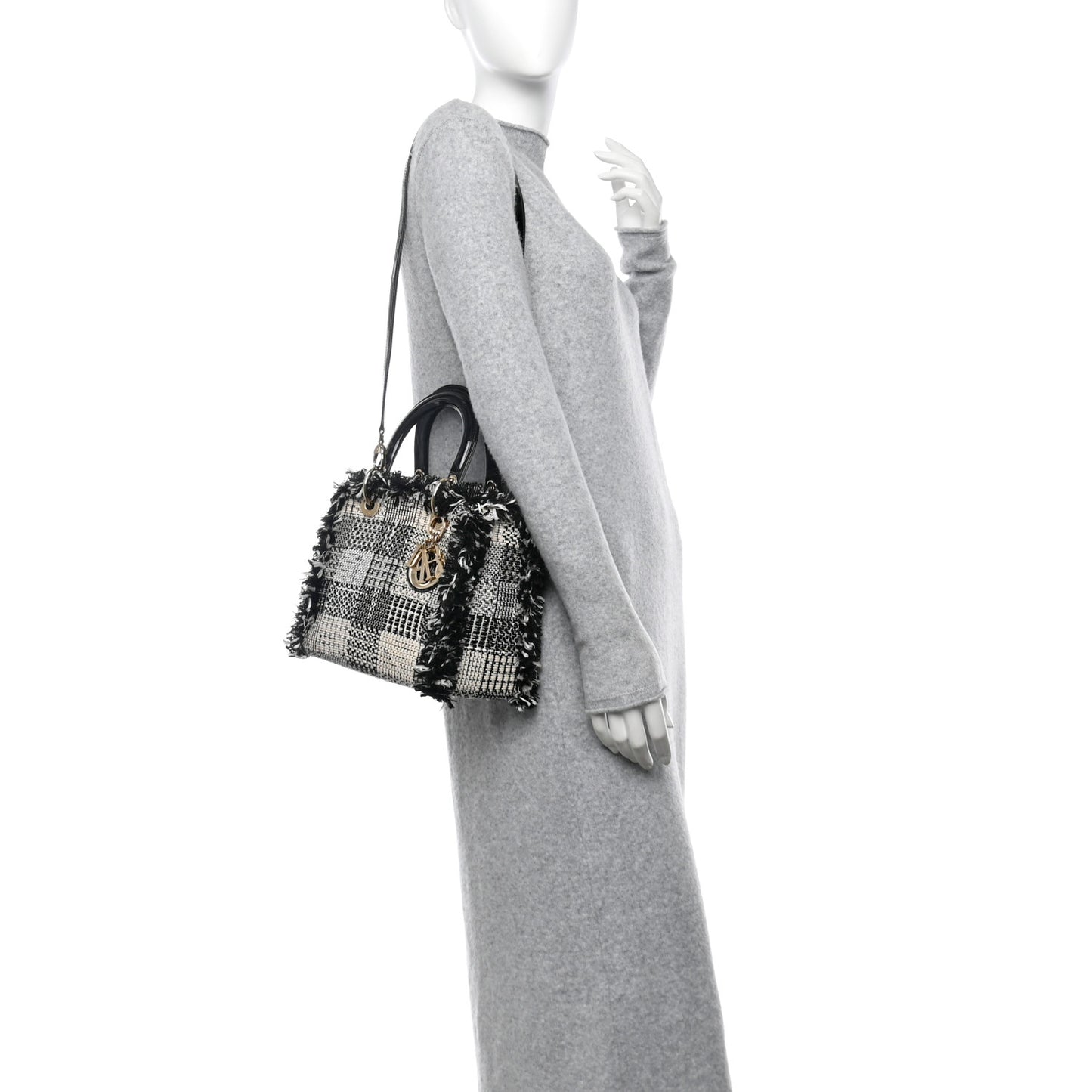 Tweed Fringe Medium Lady Dior White Black