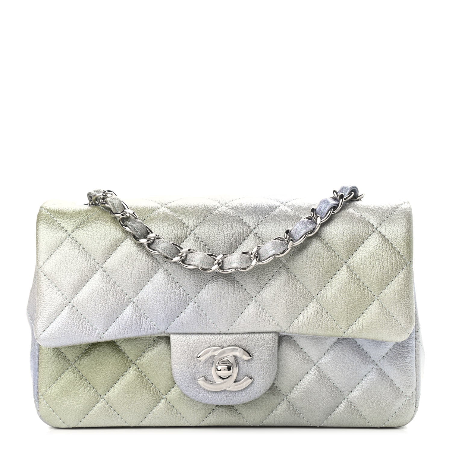 Chanel Metallic Goatskin Quilted Mini Rectangular Flap Grey Green 1 of 10