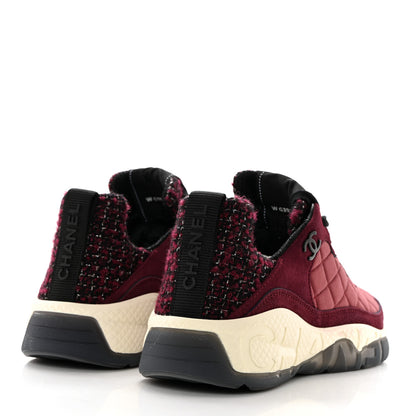 Chanel Tweed Suede Calfskin Grained Calfskin Womens CC Sneakers 37 Burgundy Black Silver 4 of 9