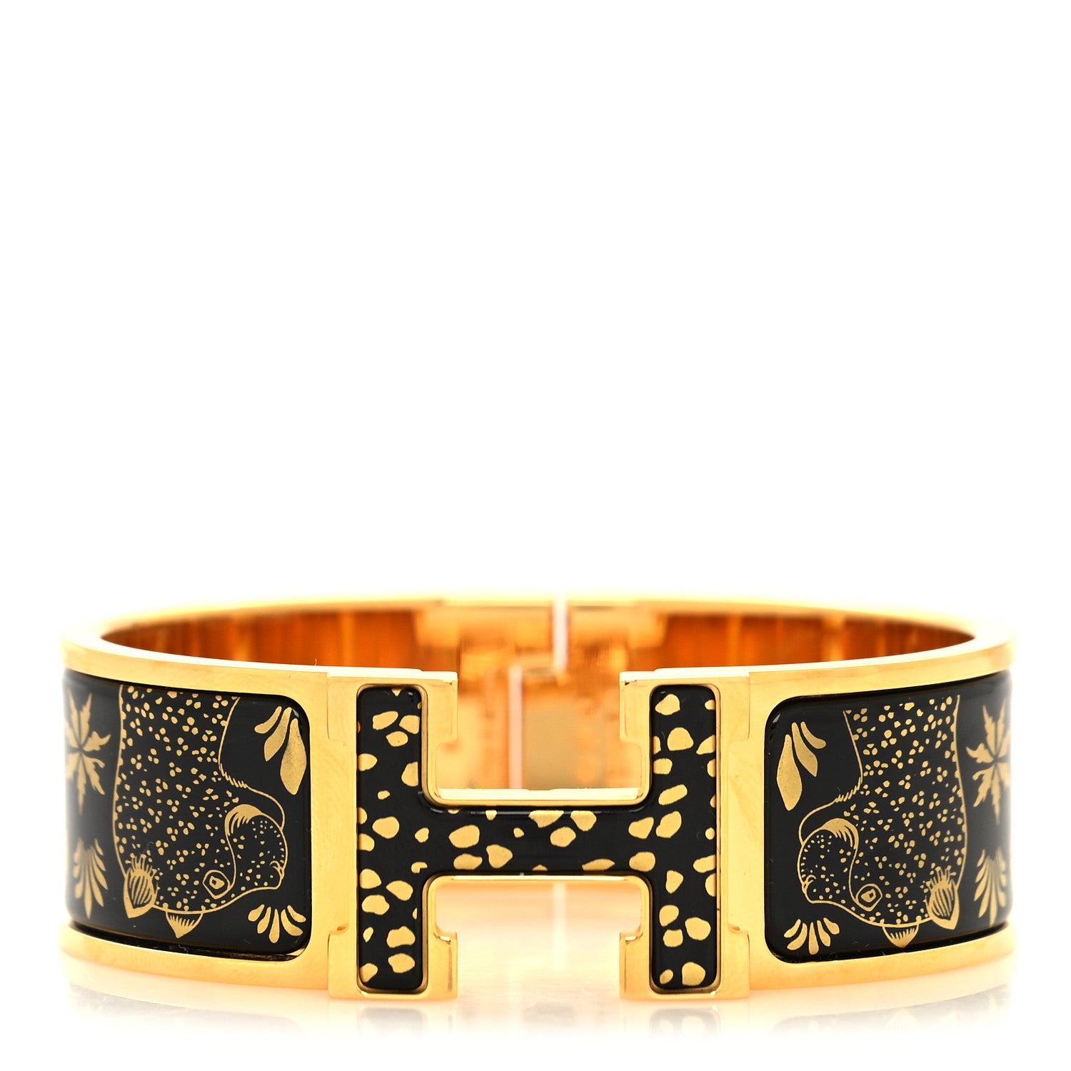 Hermes Enamel Printed Leopards Wide Clic Clac H Bracelet Jaune Or Black 1 of 5