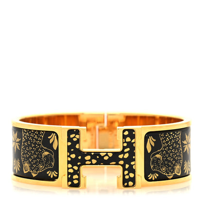 Hermes Enamel Printed Leopards Wide Clic Clac H Bracelet Jaune Or Black 1 of 5