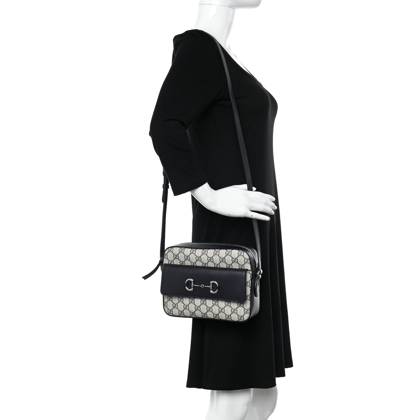GG Supreme Monogram Textured Dollar Calfskin Small Horsebit 1955 Shoulder Bag Beige Blue