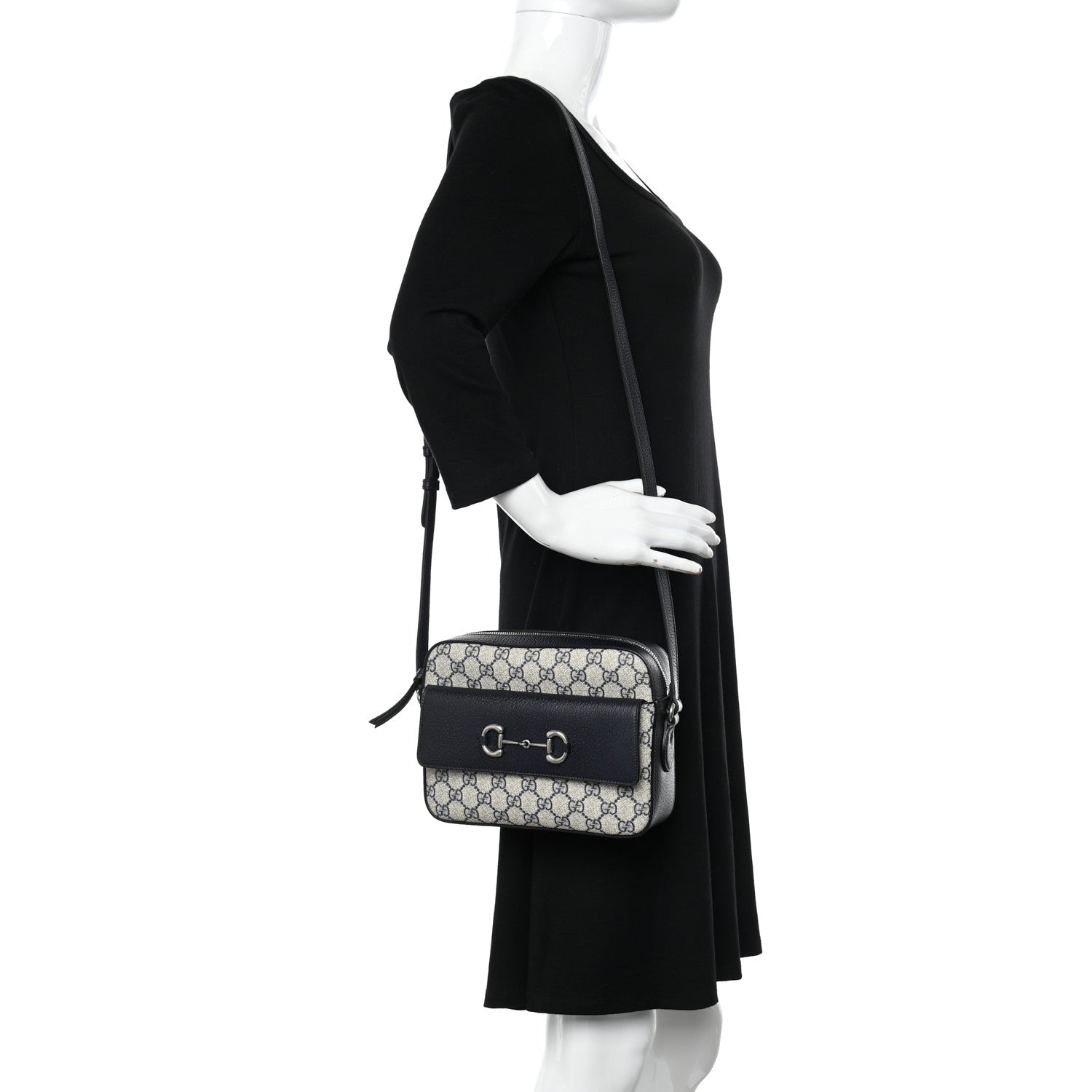 Gucci GG Supreme Monogram Textured Dollar Calfskin Small Horsebit 1955 Shoulder Bag Beige Blue 2 of 12