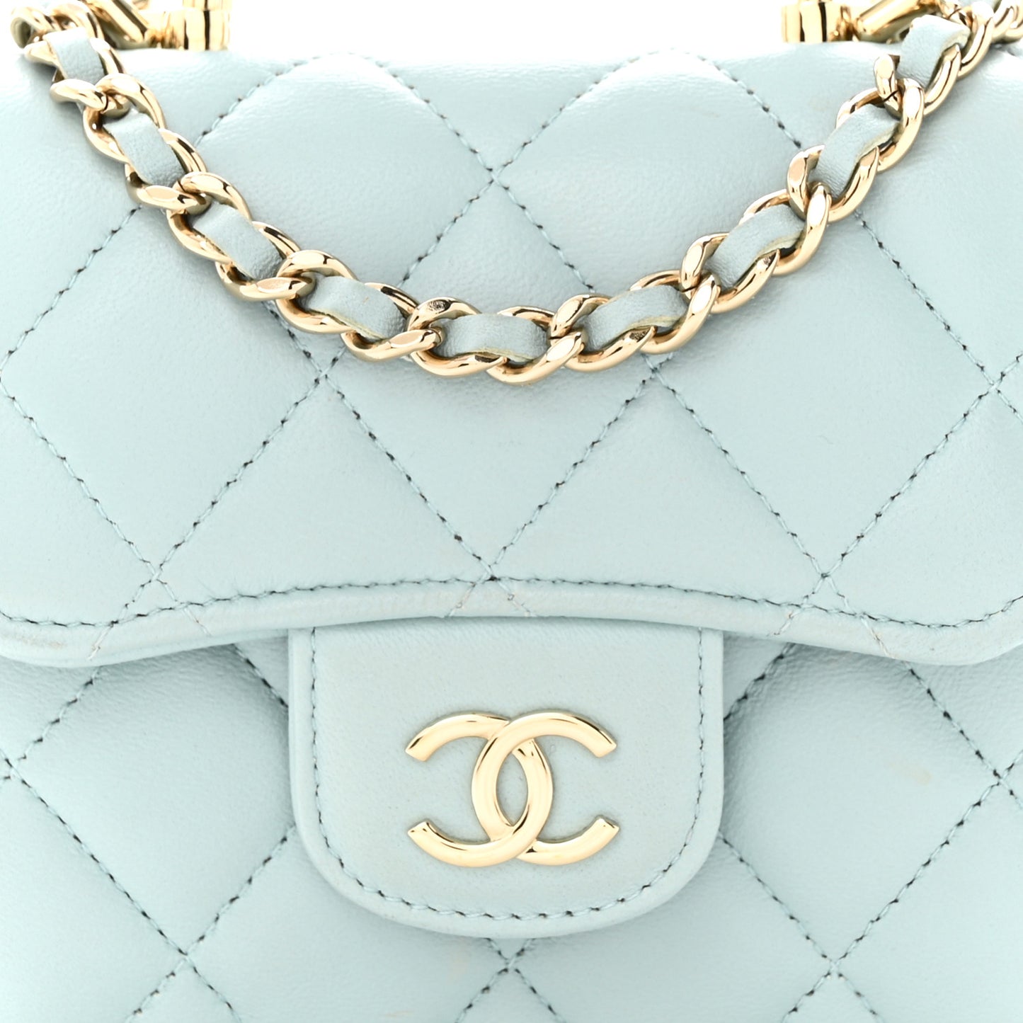 Lambskin Quilted Top Handle Flap Clutch With Chain Light Blue