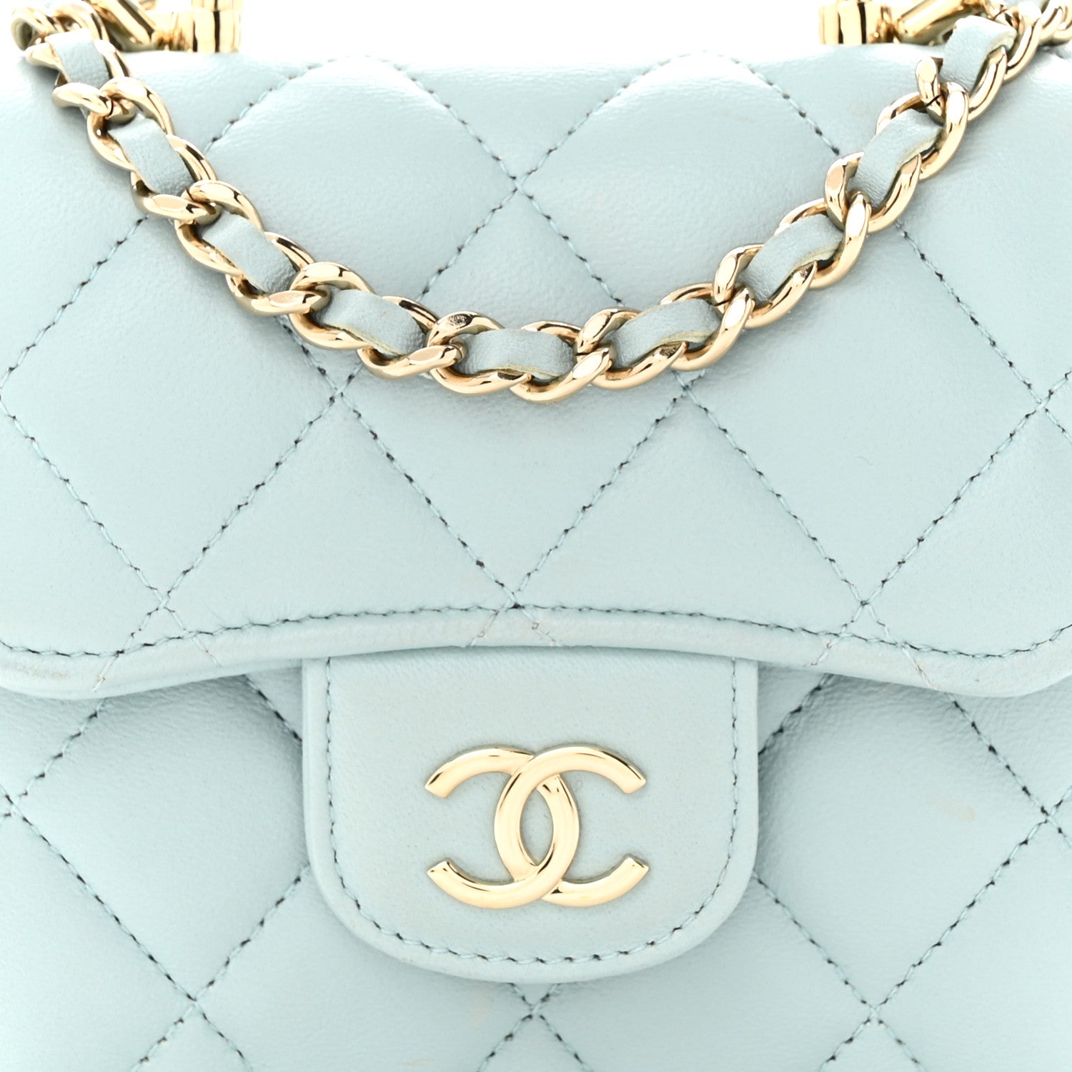 Chanel Lambskin Quilted Top Handle Flap Clutch With Chain Light Blue 8 of 13