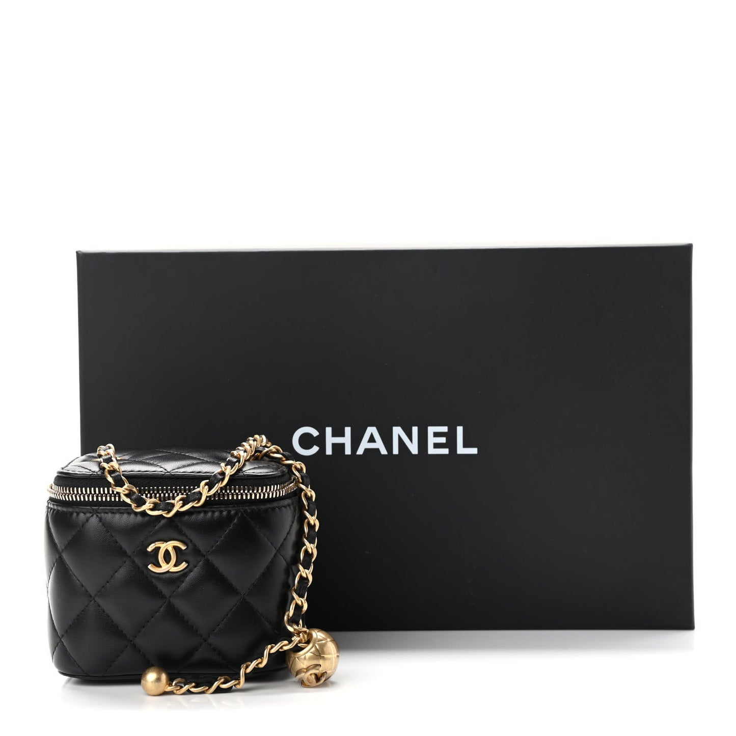 Lambskin Quilted Mini Pearl Crush Vanity Case With Chain Black