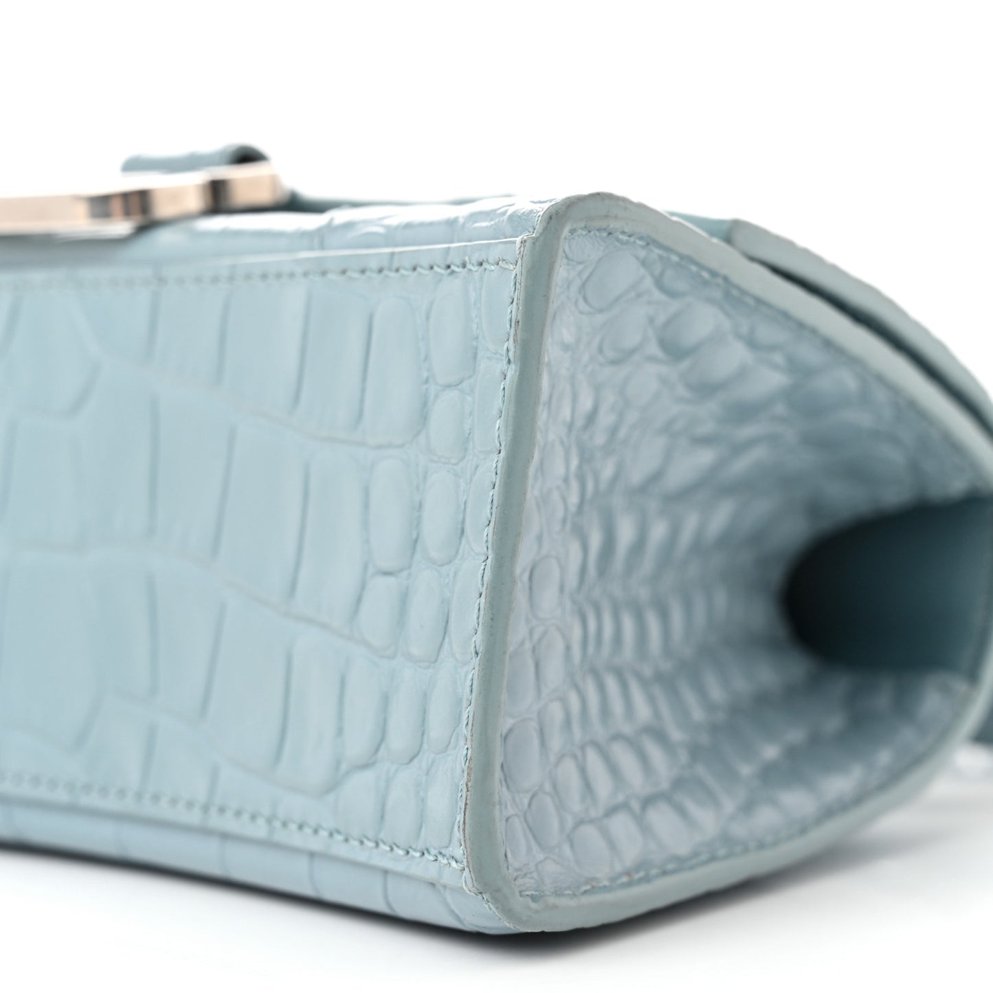 Shiny Calfskin Crocodile Embossed Hourglass Top Handle Bag XS Blue Grey