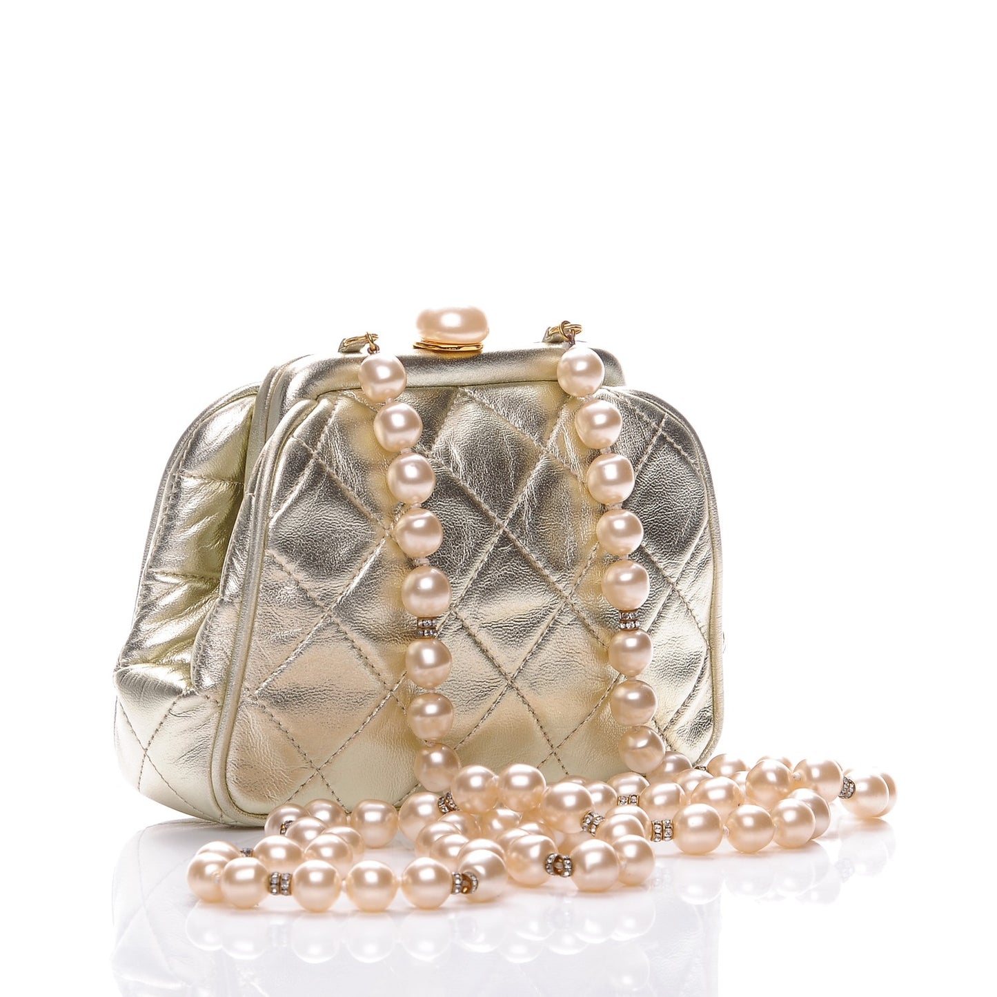 Metallic Lambskin Pearl Framed Mini Evening Bag Gold