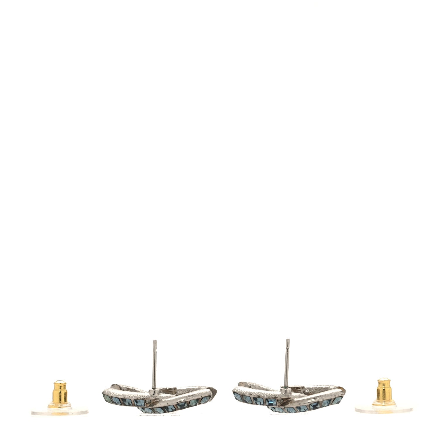 Chanel Metal Baguette Crystal CC Earrings Silver Blue 3 of 4