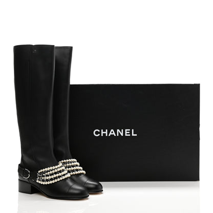 Chanel Calfskin Pearl Cap Toe High Boots 39 Black 9 of 9