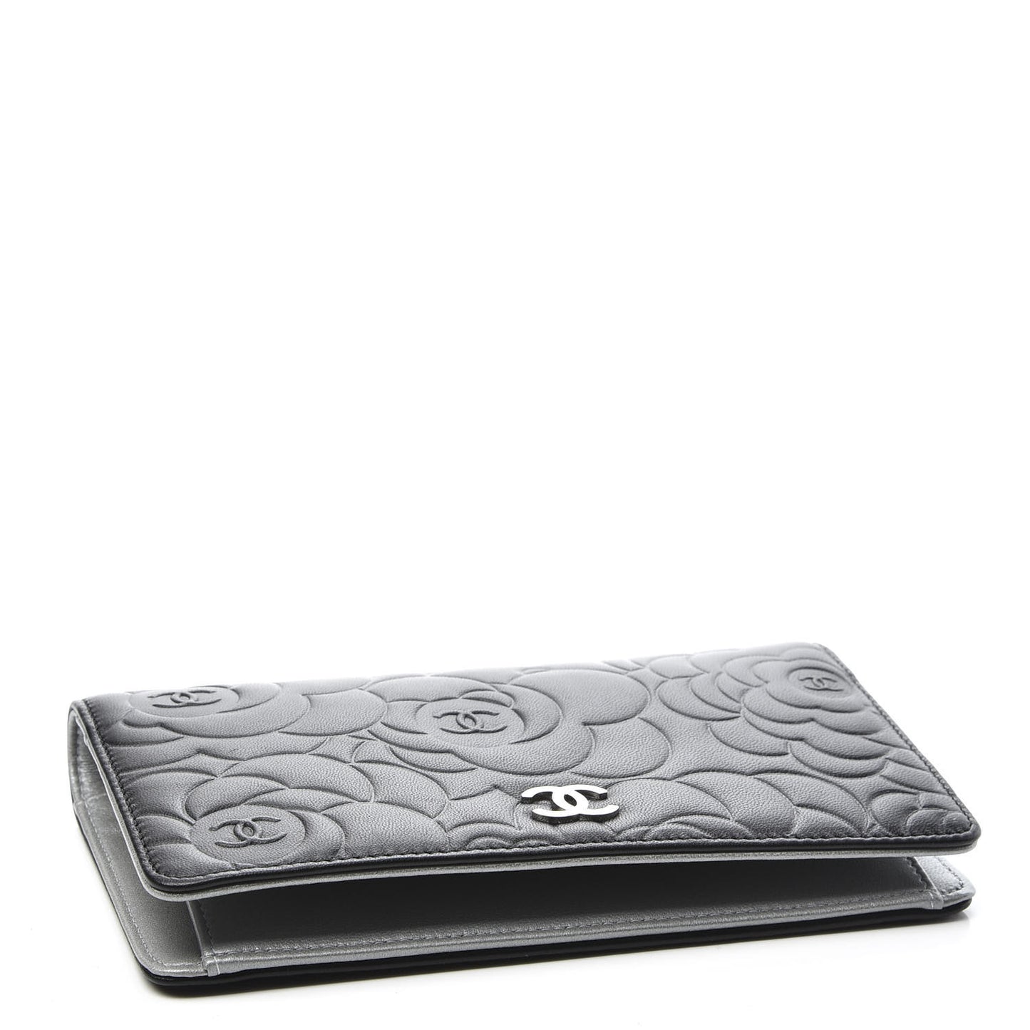Lambskin Camellia Embossed Yen Wallet Black